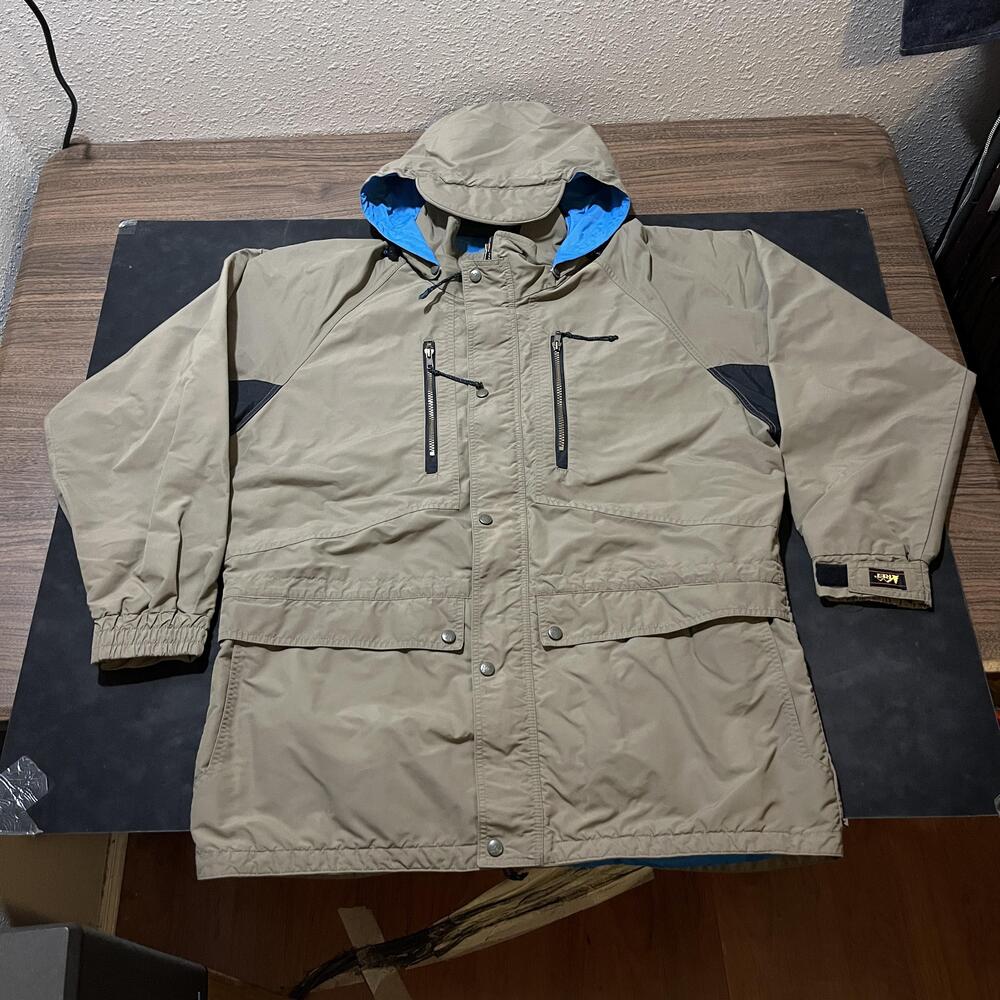 REI Jacket Mens XL Tan Hooded Parka Blue Lining Winter Outdoor Pockets Coat